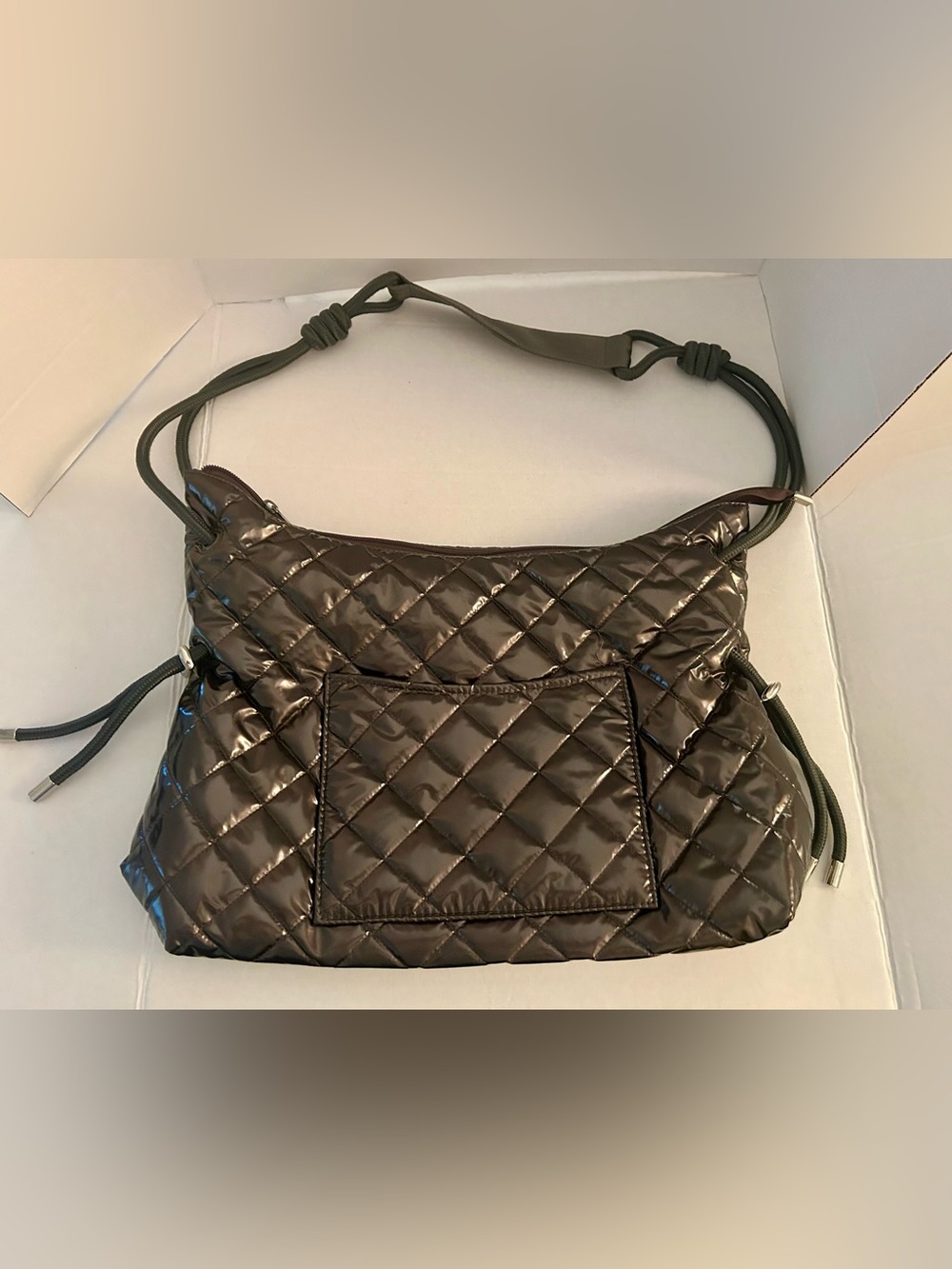 Haute Shore Stacey Convertible Quilted Shoulder Bag Pewter Metallic Glossy Roomy